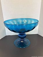 Front view of the blue hand blown glass bowl showing size and shape.