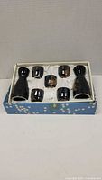 Full set in original blue gift box with floral pattern, shows two black ceramic sake bottles and five cups decorated with gold and multicolored peacock and floral designs.