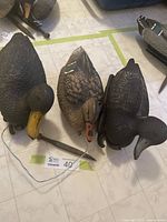 Photo showing three vintage plastic duck decoys, placed on floor, depicting blue bill, black duck, and mallard species with realistic painted and molded details.