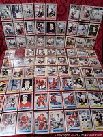Wide view of roughly 100 O-Pee-Chee hockey cards laid out in rows