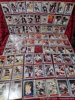 Full spread of roughly 75 O-Pee-Chee Premier 1990-91 hockey cards displayed on red fabric