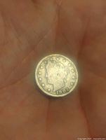 Obverse side showing Lady Liberty profile, date 1904, surrounded by stars on a circulated nickel coin.
