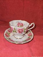 Teacup on saucer showing pattern and gold trim