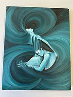 Full frontal view of the surreal lovers oil painting showing the green and teal color swirling composition and figures.