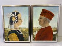 Pair of side-profile Italian Renaissance style oil portraits of Duke and Duchess of Urbino in simple metallic frames.