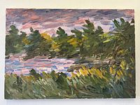 Front view of vibrant expressionist oil painting showing landscape with river, trees, and colorful sky.
