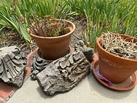 Overview showing two terra cotta pots, one with dried plants, sitting outdoors with several decorative garden stones around them.