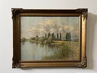 Front view of framed watercolor landscape painting showing entire composition and frame