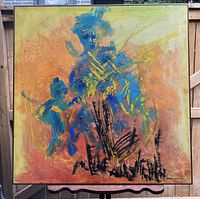 Front view of abstract painting on wooden board showing full composition