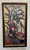 Full view of framed painting depicting floral still life