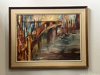 Frontal photo of the framed mid-century modern abstract oil painting showing the bridge and boats with buildings in the background.