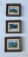 Top view of three framed miniature oil paintings in a horizontal arrangement on a light surface.