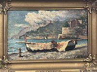 View of front of painting showing boat on shore with water, hills, and clouds, signature visible.