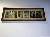 Framed rectangular artwork showing six sequential illustrations of a girl's wedding day by Fredrick Duncan, mounted on the wall.