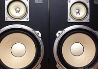 Close-up of the front drivers of the Sansui S-730c speaker in beige and black colors, showing midrange and woofer drivers clearly.