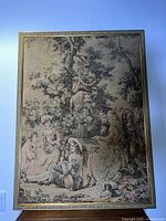 Full frontal view of the antique 19th century French tapestry showing figures under trees in a pastoral setting