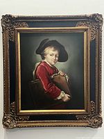 Straight-on full view of framed painting against white wall