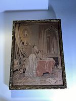 Full view of the rectangular framed tapestry showing an indoor Victorian music scene with two figures and detailed background elements including furniture and curtain.