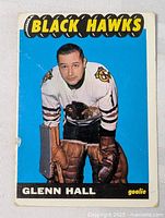 Front of Glenn Hall card showing image, team header, position, and noticeable edge chip