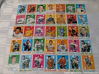 Overview of 35 1970-71 OPC hockey cards laid out 7×5