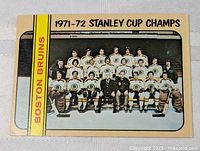 Front of Topps card showing 1971-72 Stanley Cup Champs Boston Bruins team photo