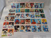Front view showing 35 laid-out 1975-76 OPC hockey cards