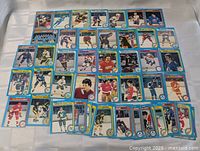 Overview of roughly 45-50 cards laid out in five rows displaying blue bordered 1979-80 O-Pee-Chee design