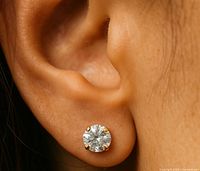 Single stud earring worn in ear to show scale