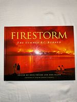 Front cover of 'Firestorm: The Summer B.C. Burned' photography book showing a wildfire scene with people watching the fire, title and editors' names visible.