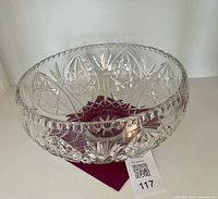 Top view of clear cut crystal bowl showing interior starburst pattern