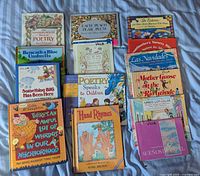 Overview of 15 children's poetry books arranged on blue surface