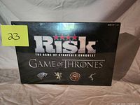 Front of sealed Risk Game of Thrones box showing title and house sigils