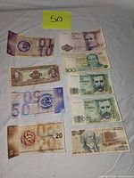 Overview of all nine banknotes laid out in two columns