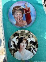 Front view of two collector plates featuring Princess Diana. Top plate painted portrait in color, bottom shows black and white childhood images collage.