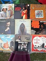 Photo showing all 9 vinyl LP record covers laid out on grass. Covers include Richard Harris, Pauline Julien, The Osmonds, Isaac Hayes, Badfinger, Marvin Gaye, Super Fly T.N.T., Dr. Murray Banks, and a Simon and Garfunkel image partially visible.