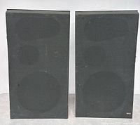 Pair of black Beovox S75 T6313 speakers front view with fabric grille intact but slightly worn.