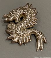 Close-up front view of vintage silver brooch shaped as Asian dragon reflecting light to show details.