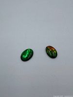 Two oval ammolite gemstones on white background
