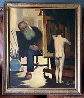 Front view of framed oil painting, showing subject matter and signature