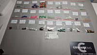 Overview of all labeled gemstone bags on table