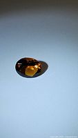 Photo of an oval shaped deep cognac Madeira citrine gemstone against a light background showing facets and rich color.