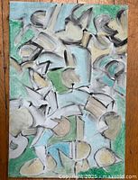 Full view of the abstract acrylic painting showing colors, composition and masonite support