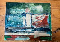 Full view of abstract painting on masonite board