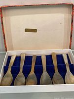 Open case with six horn spoons against blue velvet