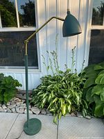 Full view of teal floor lamp beside plants