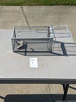Metal rodent trap placed on a table outdoors, showing side profile and spring-loaded door.