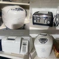 Collage of the four appliances: Delonghi toaster, West Bend bread maker, two Black & Decker bread makers all white, untested condition.