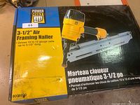 Photo of the product box showing Powerfirst 3-1/2 inch air framing nailer, product image, and specifications.