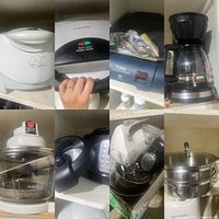 Photo showing multiple small kitchen appliances including a white George Foreman grill with signature, a black Hamilton Beach press, a black T-fal grill, a black drip coffee maker, a convection roaster, a black and white Sunbeam hand mixer, and a stainless steel stovetop steamer set.