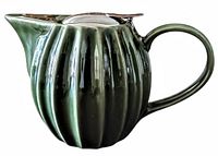 Full side view of ribbed dark green porcelain pitcher with handle and hinged lid